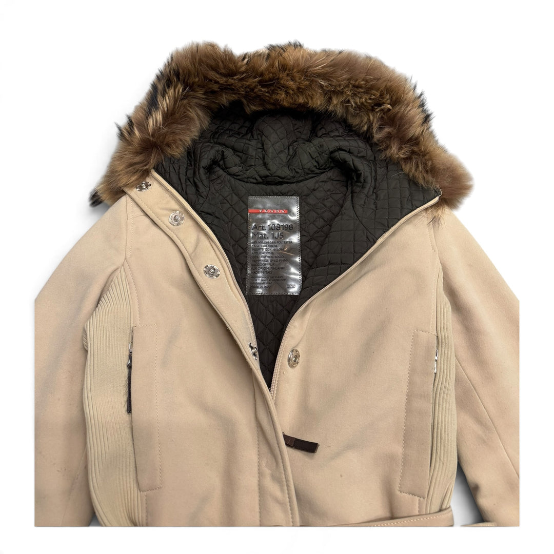 Vintage Prada Sport Cream Fur Hooded Belt Women's Belt Jacket (L)