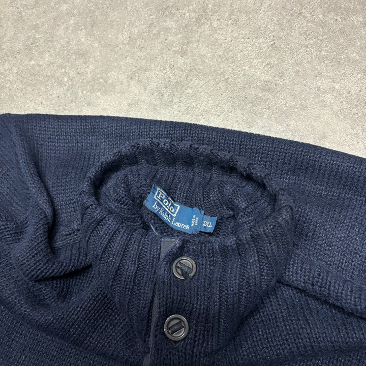 Vintage Polo Ralph Lauren Navy American Flag Knitted Button Up Sweater (XXL)
