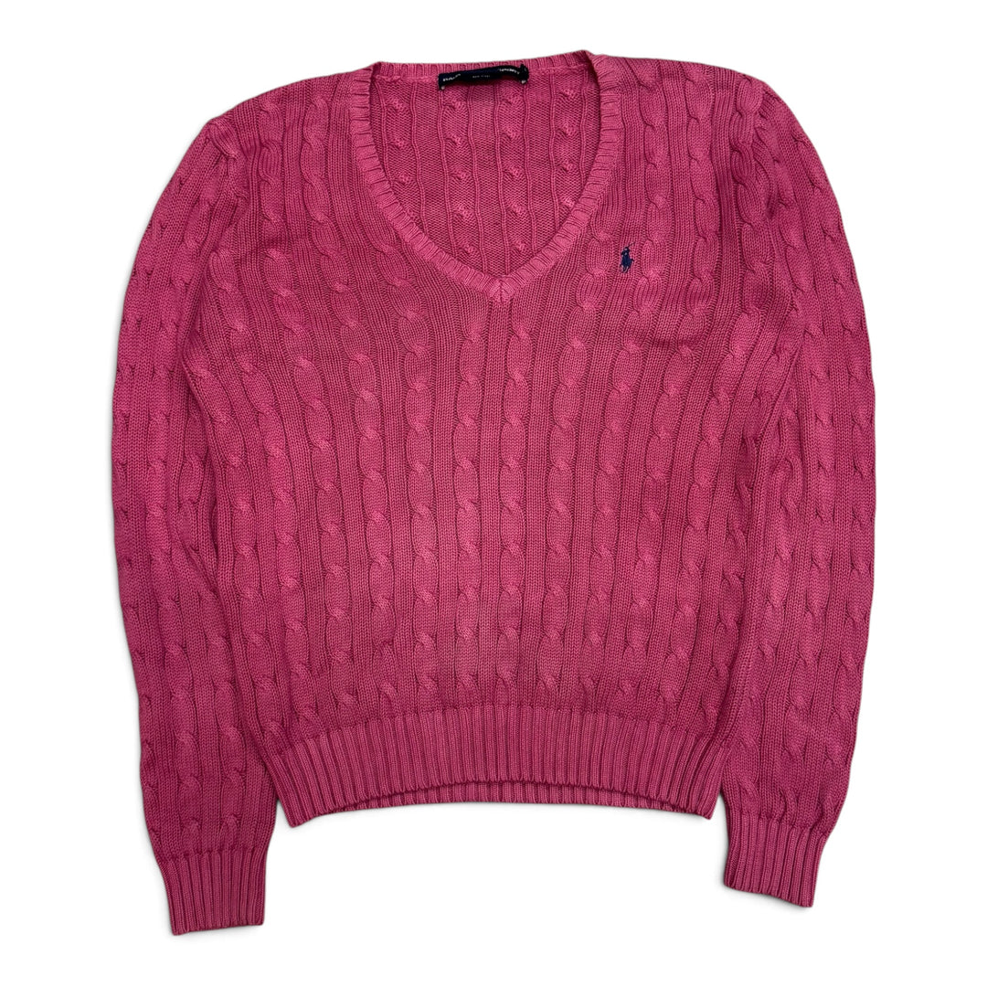 Vintage Polo Ralph Lauren Pink V Neck Cable Knitted Jumper (L)