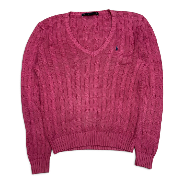 Vintage Polo Ralph Lauren Pink V Neck Cable Knitted Jumper (L)