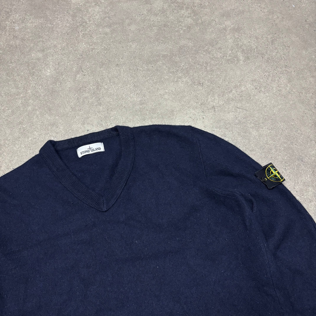 Vintage Stone Island V-Neck Navy Wool Knitted Sweater (XL)