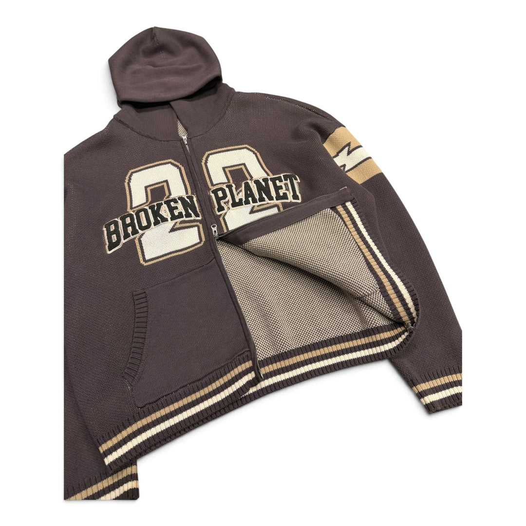 Broken Planet Brown Heavy Knitted Spell Out Zip Up Hoodie (L)