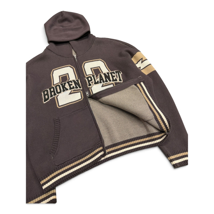 Broken Planet Brown Heavy Knitted Spell Out Zip Up Hoodie (L)