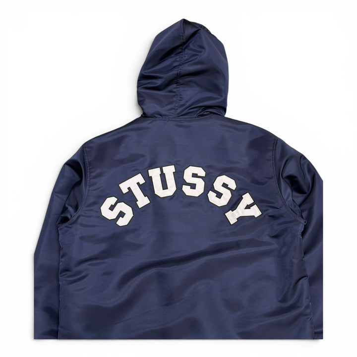 Stussy Navy Satin Hooded Varsity Jacket (S)