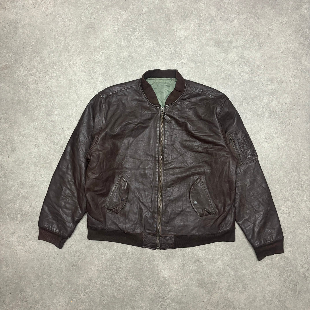 Vintage Leather & Khaki Reversible Bomber Jacket (L)