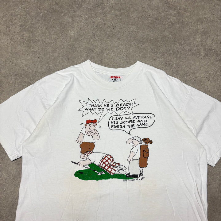 90's Vintage Q-Tees Golf Funny Graphic White T-Shirt (XL)