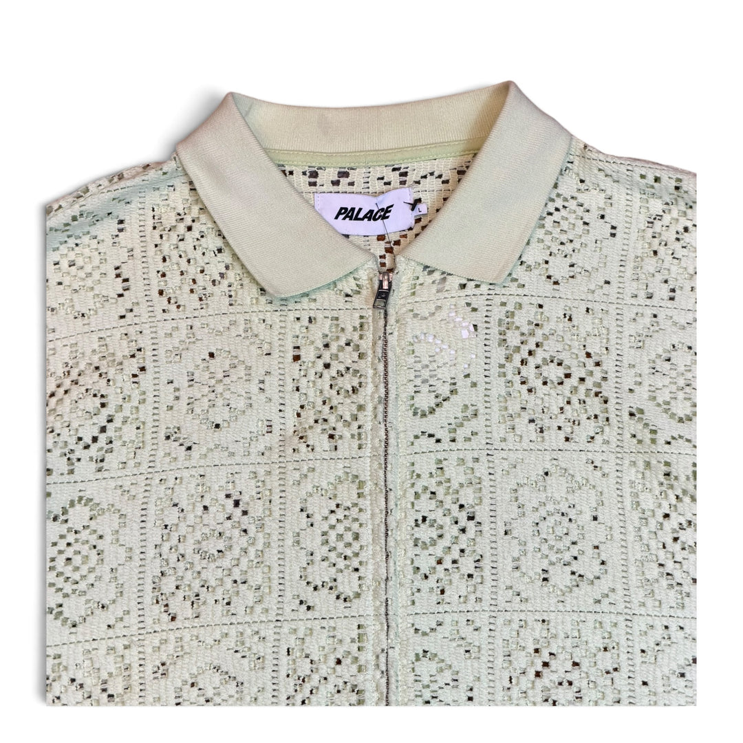 Palace Pastel Green Crochet Zip Long Sleeve Polo Knitted Sweater (L)