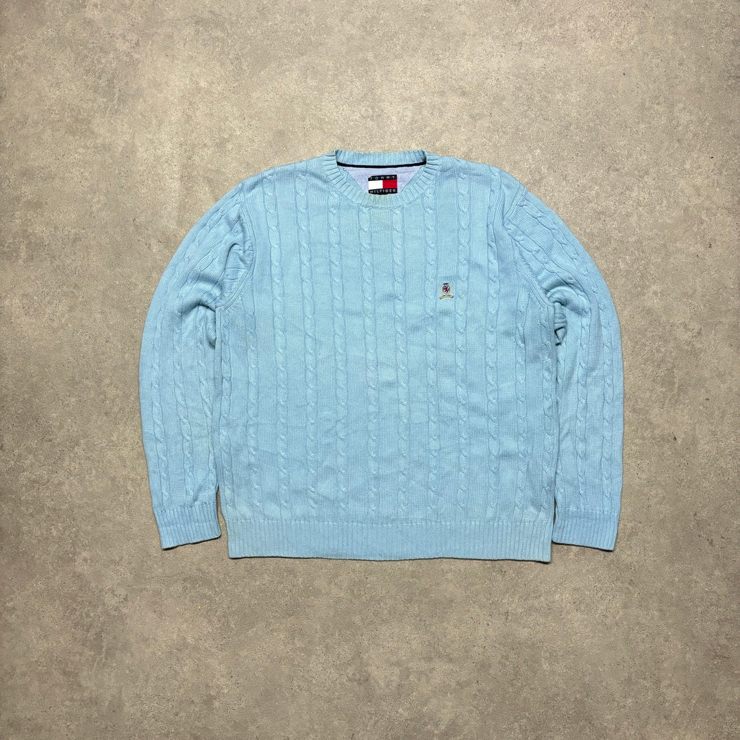 90's Vintage Tommy Hilfiger Baby Blue Cable Knitted Sweater (L)