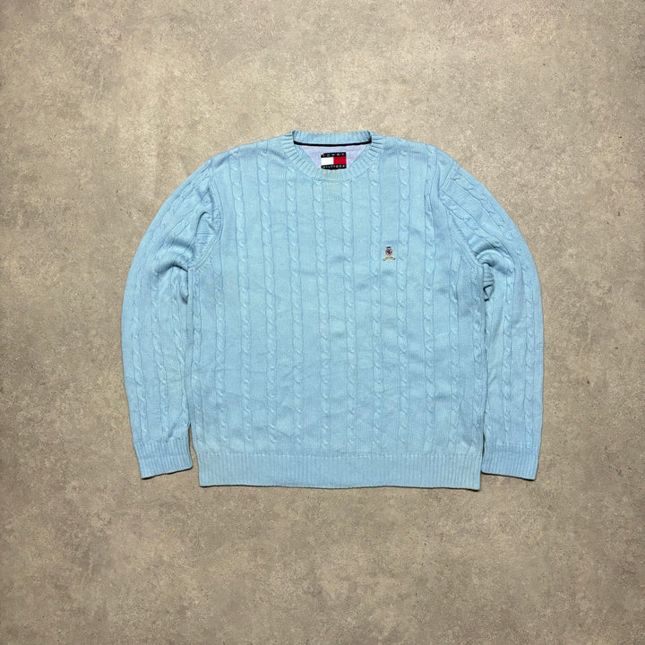 90's Vintage Tommy Hilfiger Baby Blue Cable Knitted Sweater (L)