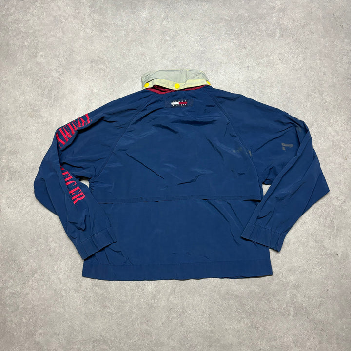 90's Vintage Tommy Hilfiger Navy Spell Out Sleeve Jacket (L)