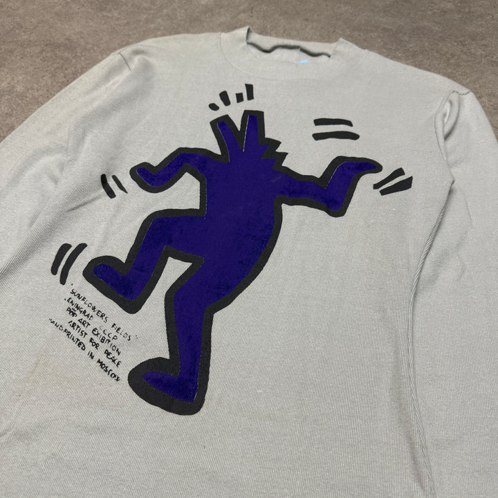 80's Rare Vintage Keith Haring Grey Long Sleeve T-Shirt (S)