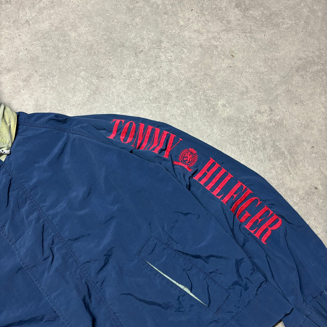 90's Vintage Tommy Hilfiger Navy Spell Out Sleeve Jacket (L)