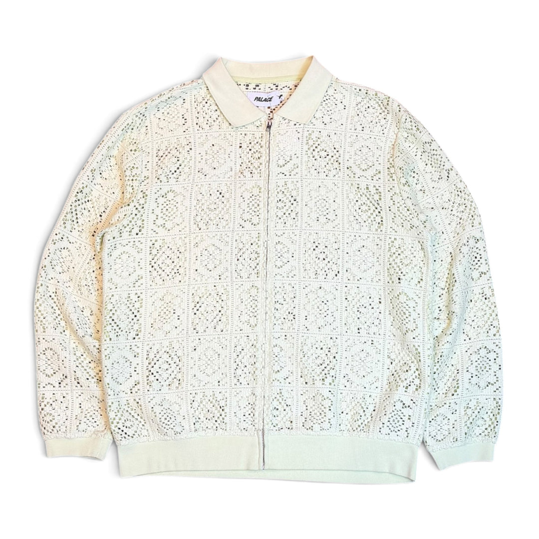 Palace Pastel Green Crochet Zip Long Sleeve Polo Knitted Sweater (L)