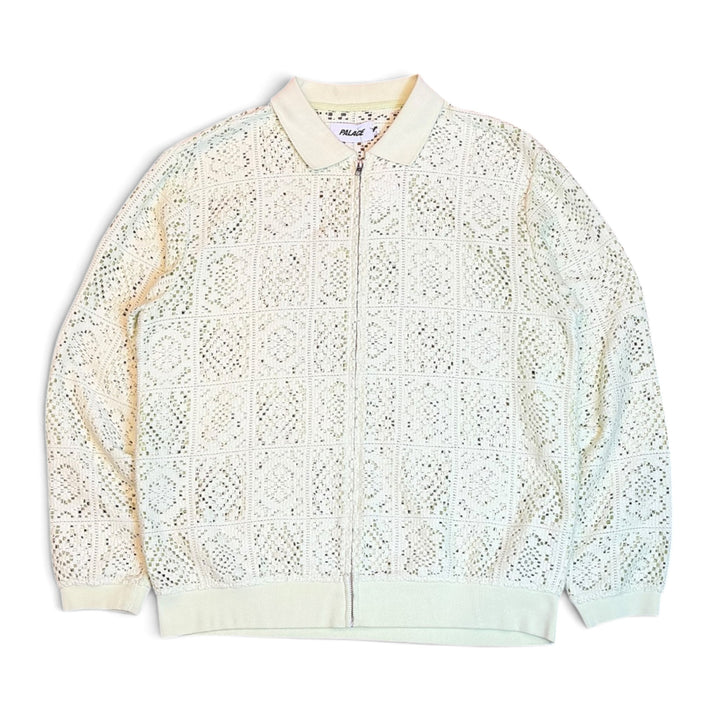 Palace Pastel Green Crochet Zip Long Sleeve Polo Knitted Sweater (L)