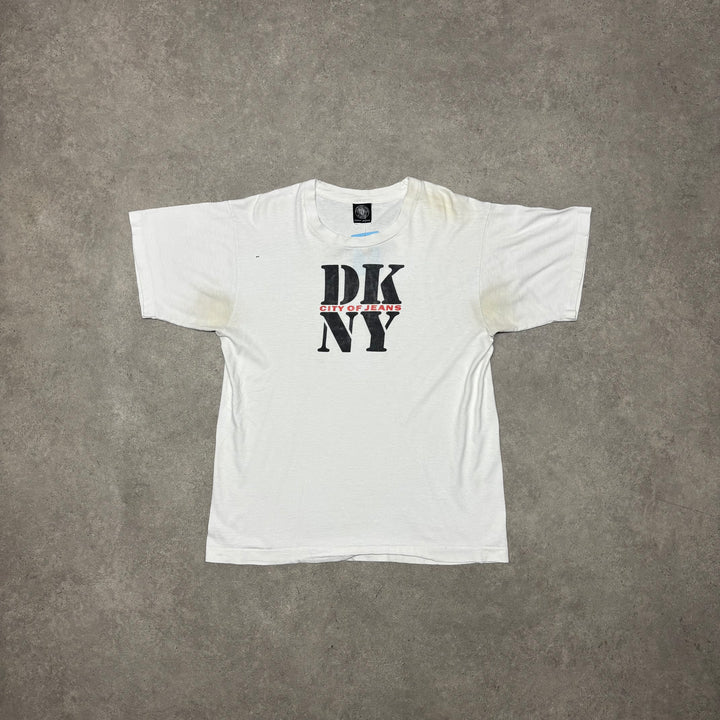 90's Vintage DKNY White Graphic T-Shirt (L)