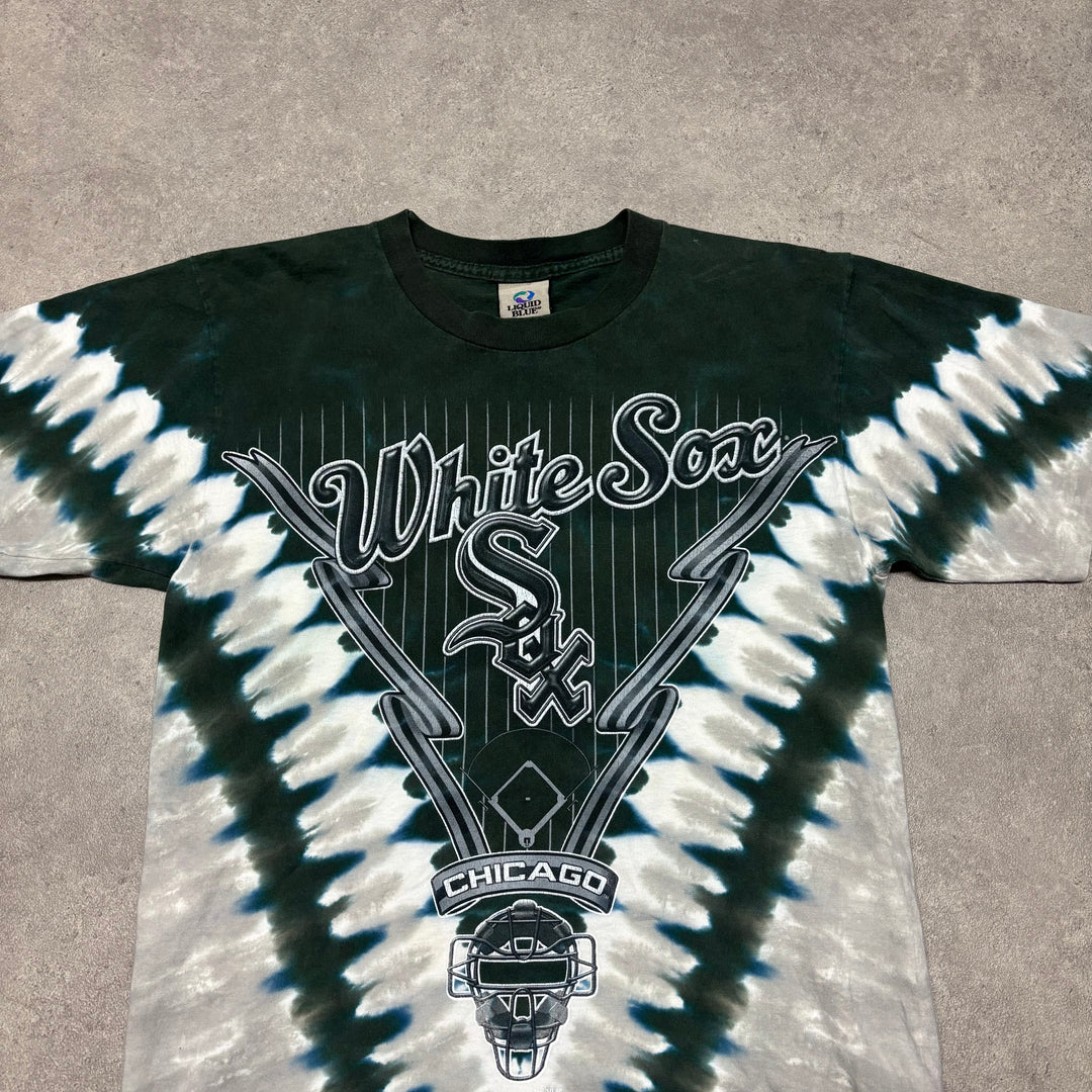 90's Vintage Liquid Blue Green White Sox Tie Dye Graphic T-Shirt (L)