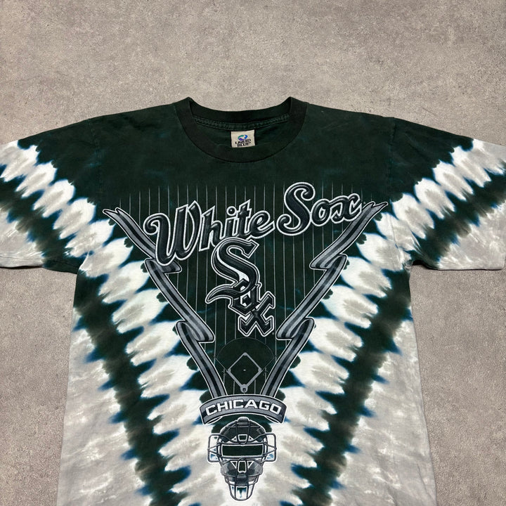 90's Vintage Liquid Blue Green White Sox Tie Dye Graphic T-Shirt (L)