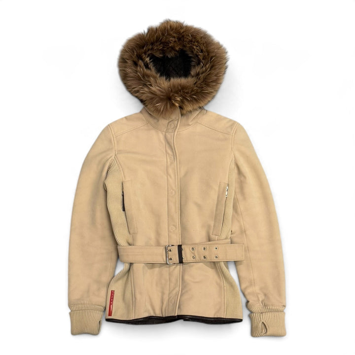 Vintage Prada Sport Cream Fur Hooded Belt Women's Belt Jacket (L)
