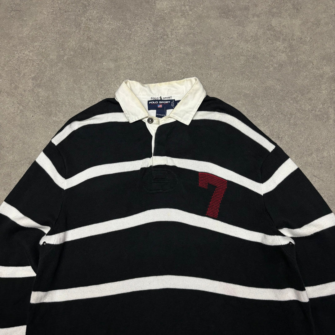 Vintage Polo Sport Ralph Lauren Knitted Black & White Rugby Shirt (XL)