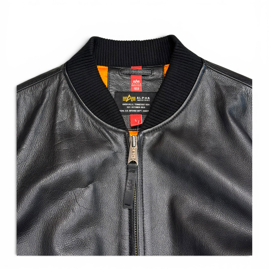 Alpha Industries Black Leather Bomber Jacket (L)