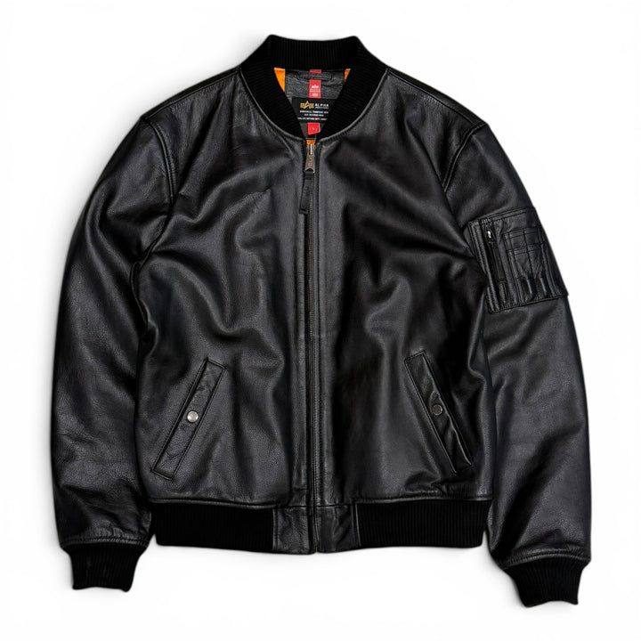 Alpha Industries Black Leather Bomber Jacket (L)