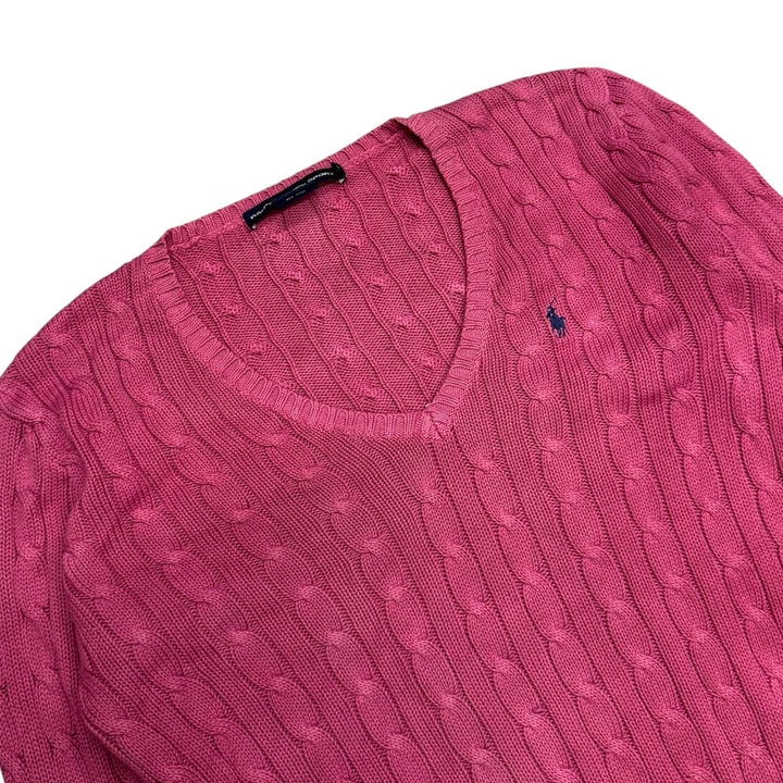 Vintage Polo Ralph Lauren Pink V Neck Cable Knitted Jumper (L)