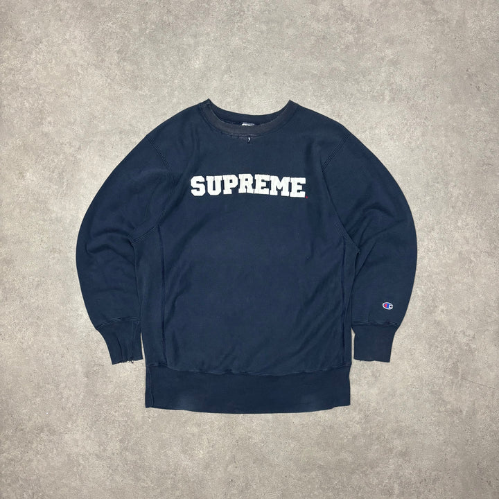 Supreme x Champion Navy Spell Out Sweatshirt (XL)