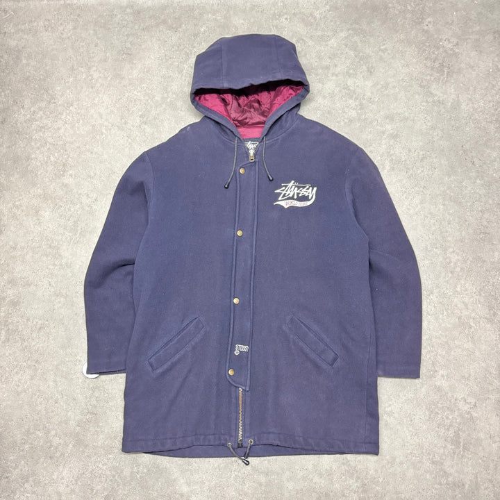 1991 Vintage Stussy Burly Gear Navy Fleece Padded Over Coat (XL)