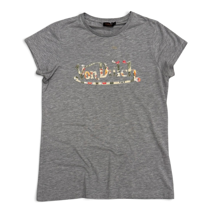 Vintage Von Dutch Grey Spell Out T-Shirt (Women's L)