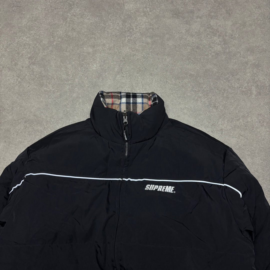 Supreme Black & Checkered Fleece Lined Reversible Puffer Jacket (M)