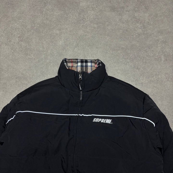 Supreme Black & Checkered Fleece Lined Reversible Puffer Jacket (M)