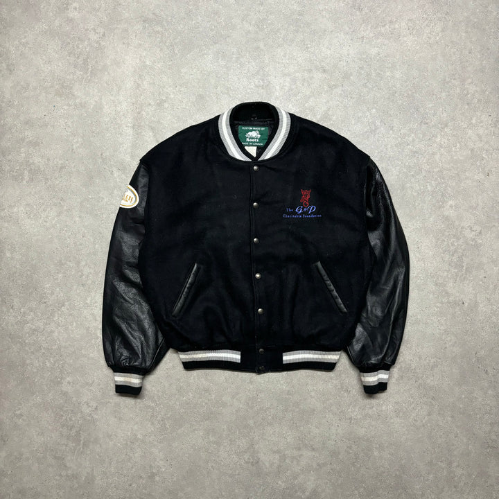 80's Vintage Roots Black Varsity Leather Jacket (XL)