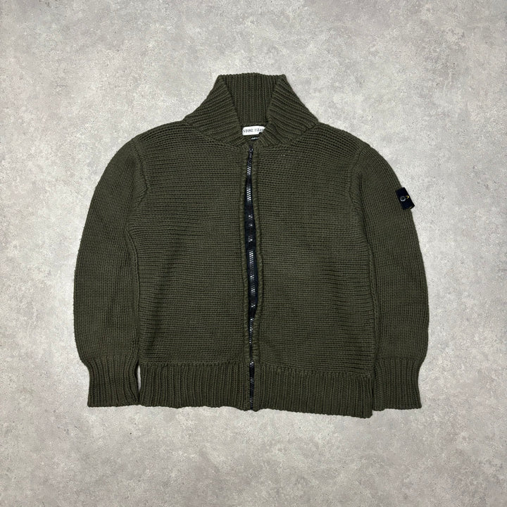 Vintage Stone Island AW 2001 Heavy Knitted Khaki Zip Up Jumper (XXL)