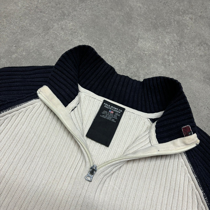 Vintage Polo Jeans Cream & Navy Quarter zip Jumper (XL)