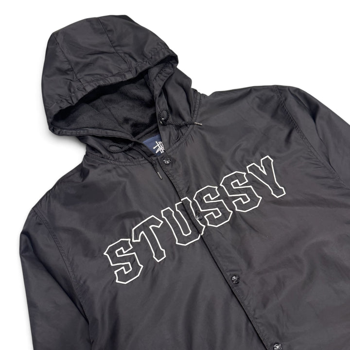 Vintage Stussy Black Spell Out Hooded Coach Jacket (XL)