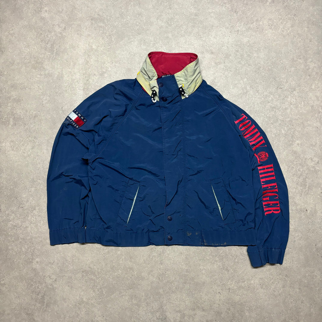 90's Vintage Tommy Hilfiger Navy Spell Out Sleeve Jacket (L)