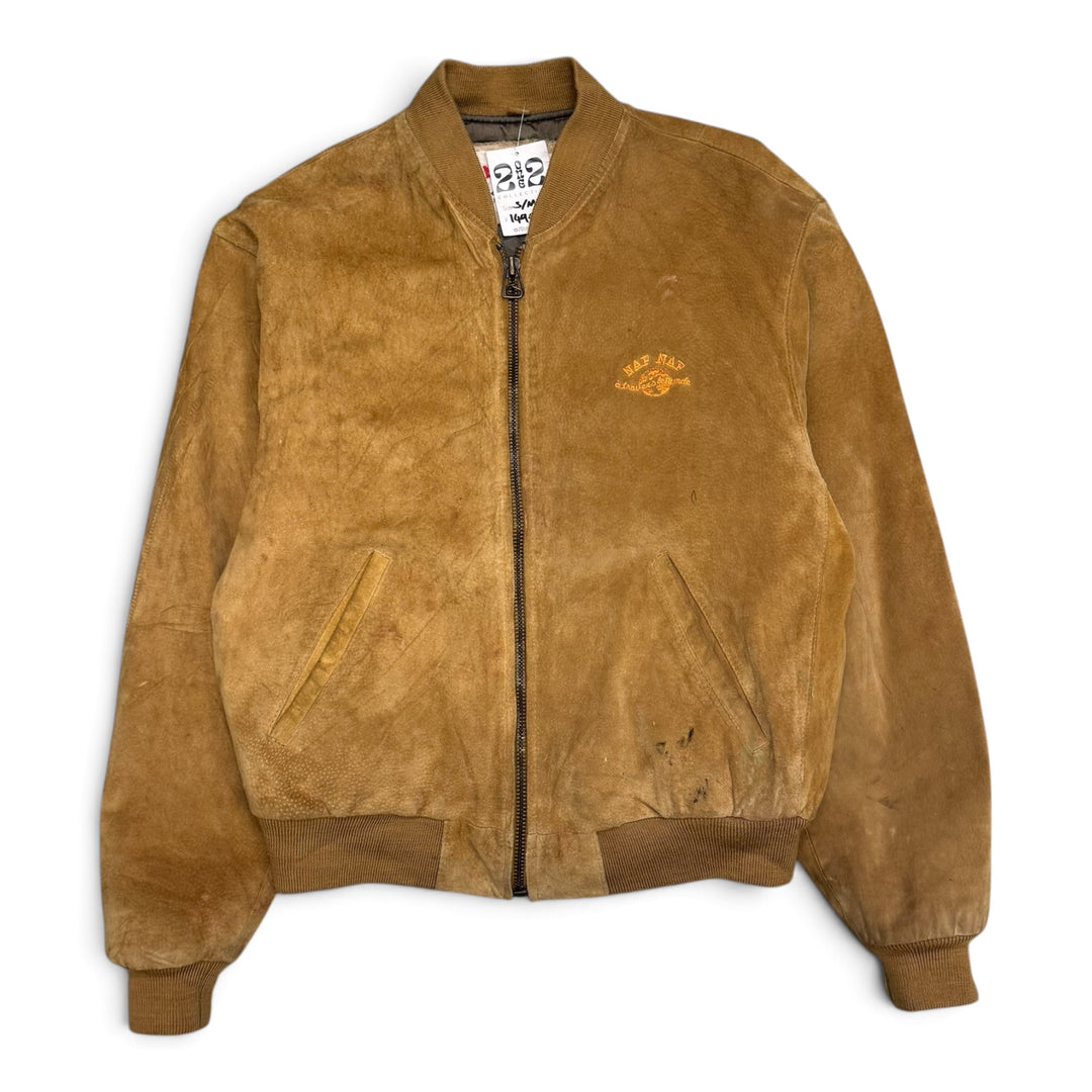 90's Vintage Naf Naf Tan Suede Distressed Bomber Jacket (S)