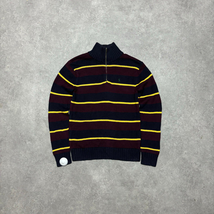 Vintage Polo Ralph Lauren Burgundy Striped Knitted Quarter Zip (S)