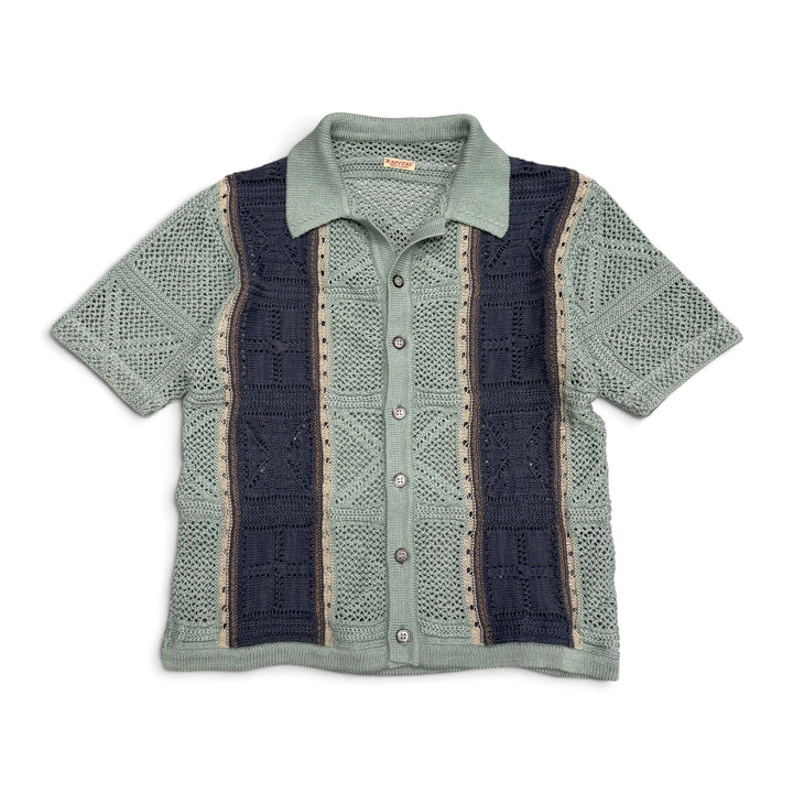 Kapital 12G Crochet Knit Tennessee Aloha Polo Shirt Blue (S)