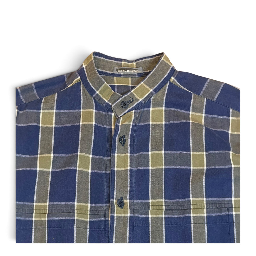 80's Vintage Issey Miyake Blue & Yellow Checkered Mandarin Collar Shirt (L)