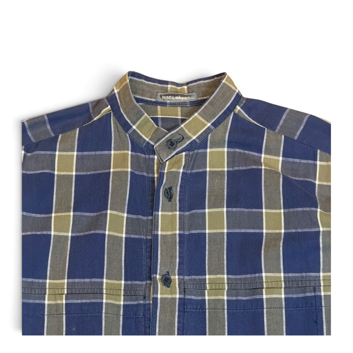 80's Vintage Issey Miyake Blue & Yellow Checkered Mandarin Collar Shirt (L)