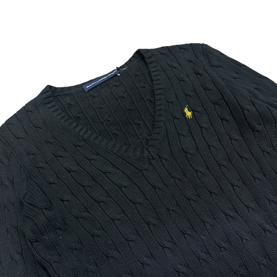 Vintage Polo Ralph Lauren Forest Green Cable Knit V Neck Knitted Jumper (M)