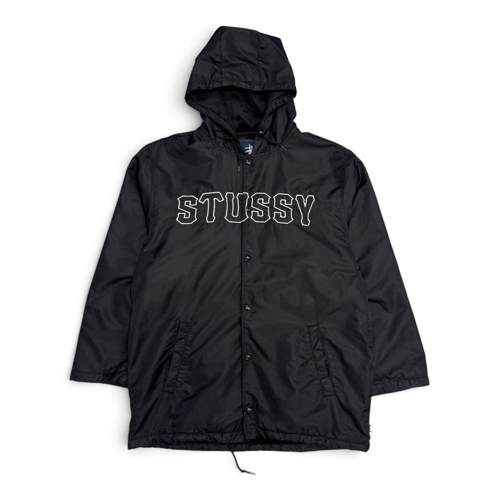 Vintage Stussy Black Spell Out Hooded Coach Jacket (XL)