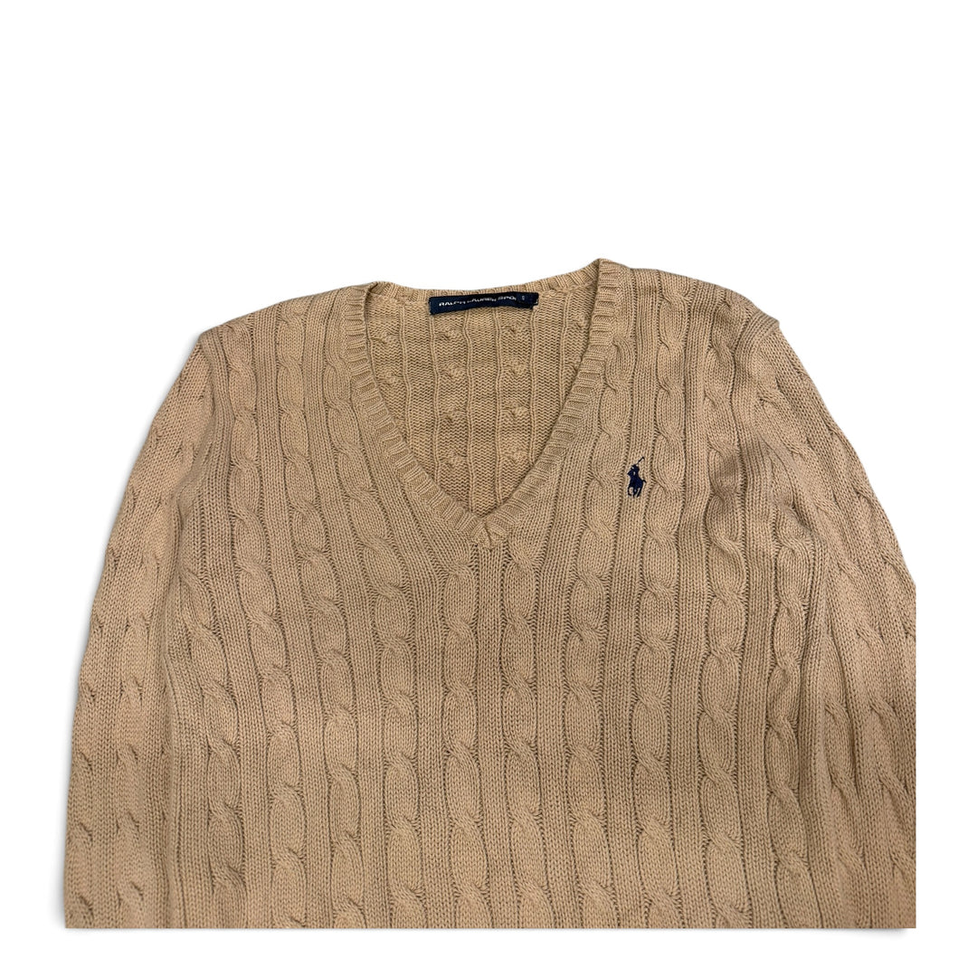 Vintage Polo Ralph Lauren V Neck Cable Knit Jumper Beige (S)