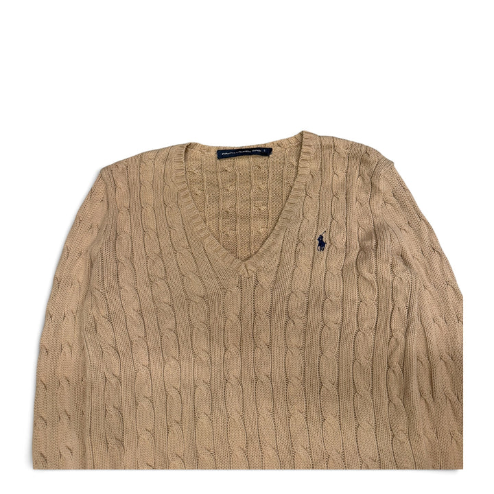 Vintage Polo Ralph Lauren V Neck Cable Knit Jumper Beige (S)
