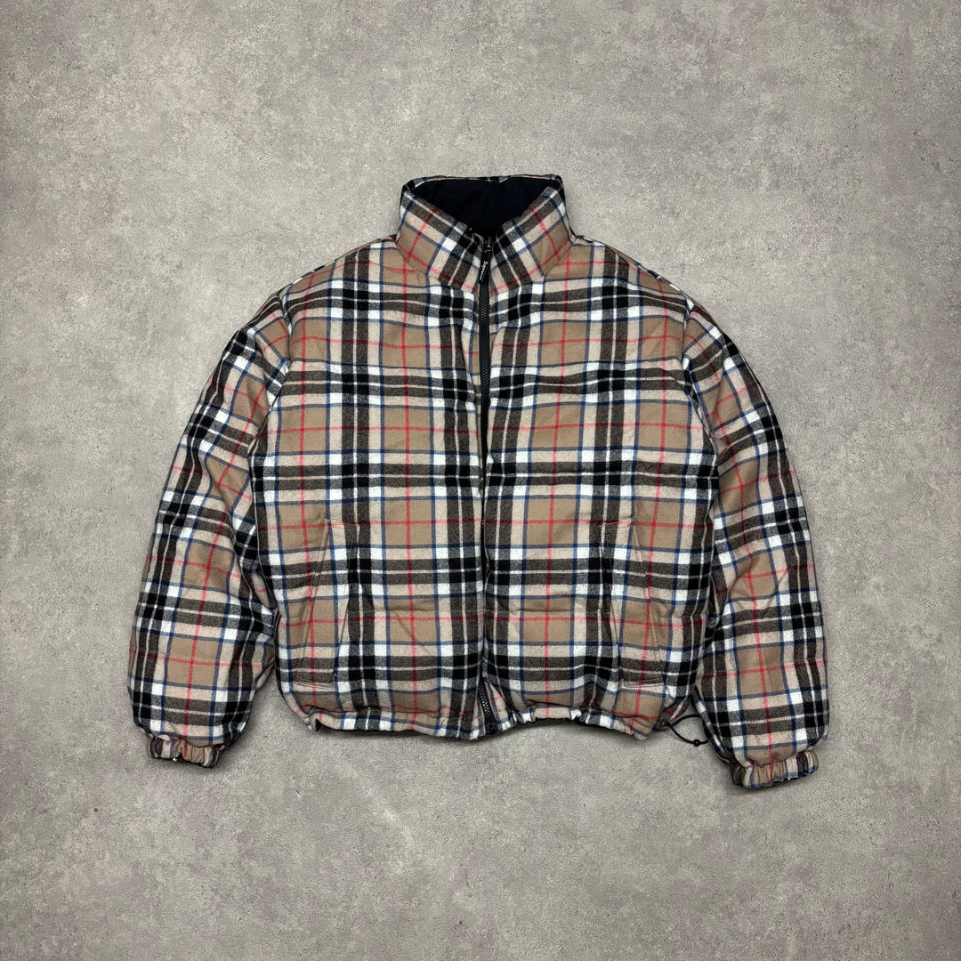 Supreme Black & Checkered Fleece Lined Reversible Puffer Jacket (M)