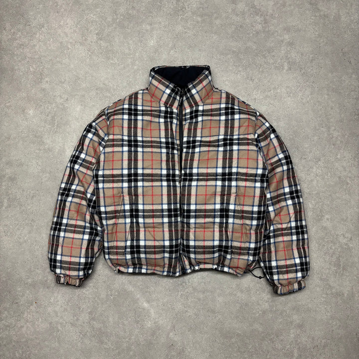 Supreme Black & Checkered Fleece Lined Reversible Puffer Jacket (M)
