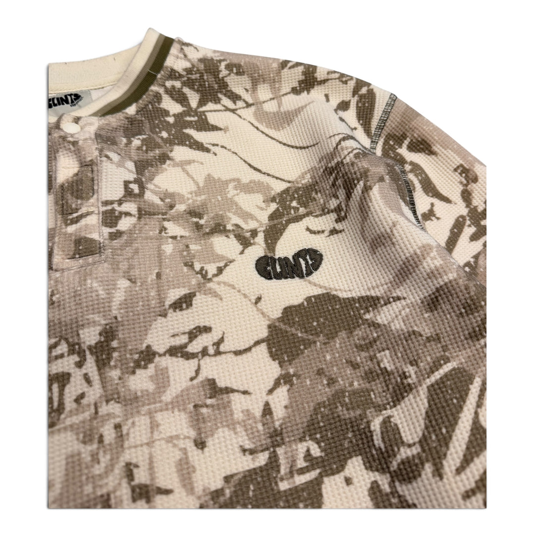 Clints Light Brown & Cream Leaf Camo Waffle Henley Jumper (M)