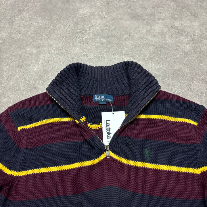 Vintage Polo Ralph Lauren Burgundy Striped Knitted Quarter Zip (S)