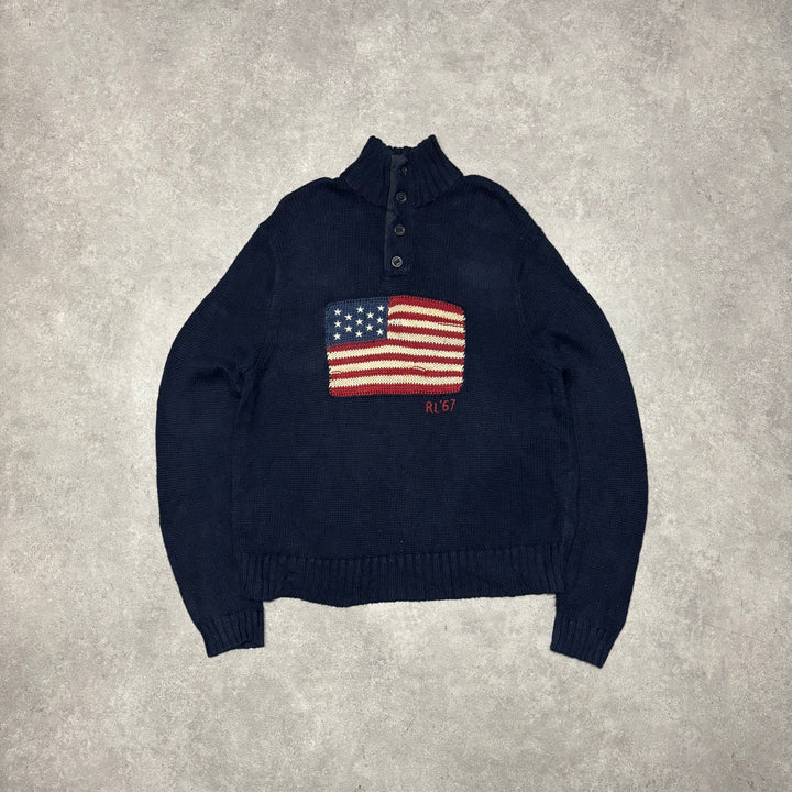 Vintage Polo Ralph Lauren Navy American Flag Knitted Button Up Sweater (XXL)